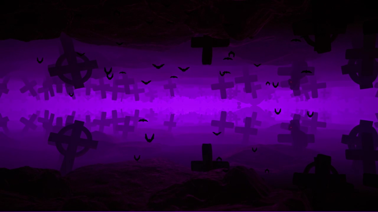 3d abstract scenery of a graveyard and vampires, 3d animation, halloween, title, mist, purple, cemetery, mystery, and bat