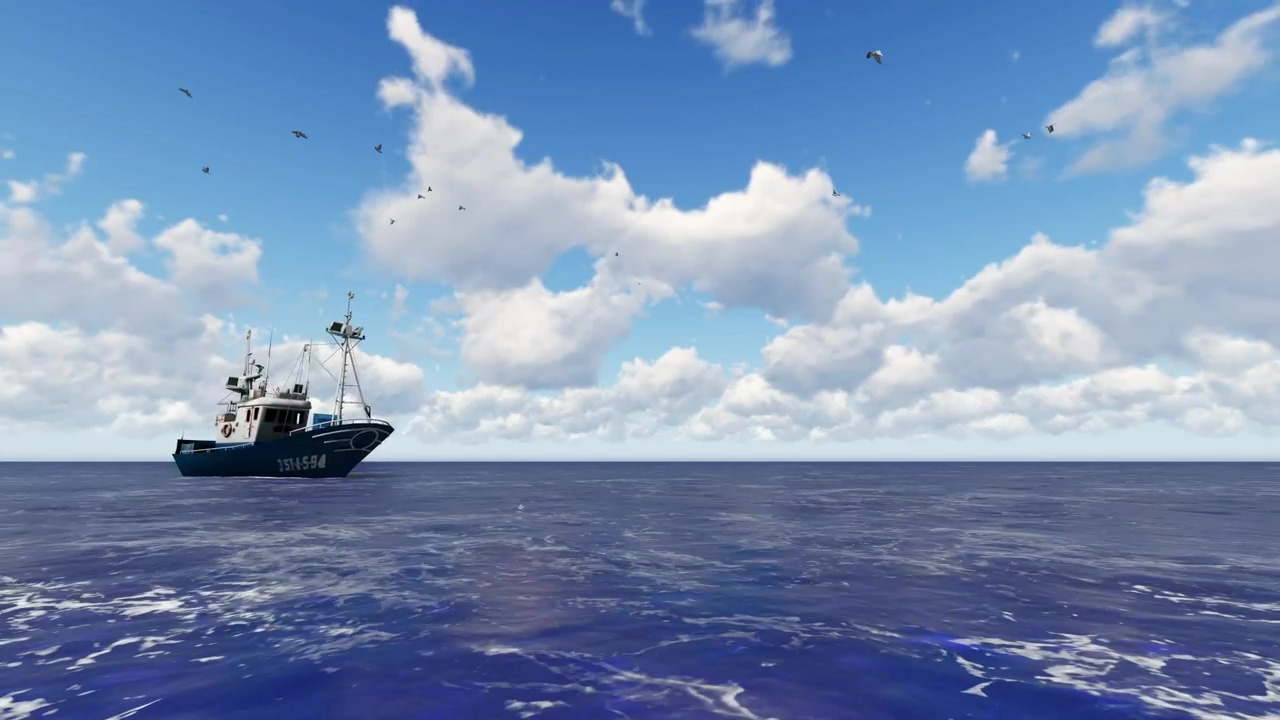 3d fishing boat sailing in the open sea under the sun, 3d animation, sea, ocean, boat, skyline, fish, and fishing