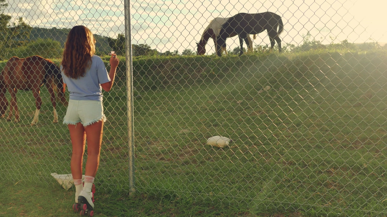 A girl with roller skates leaning against a fence, watching the horses on the other side, turns around and skates down a lonely street