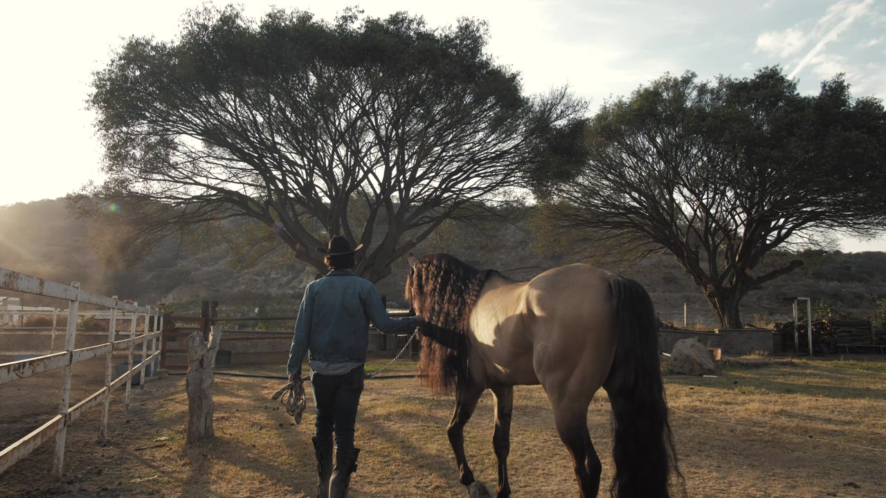 A person wearing a black cowboy hat, a denim jacket and blue jeans walks on a ranch holding the reigns of a brown and black horse walking next to them, trees and a small hill in the background