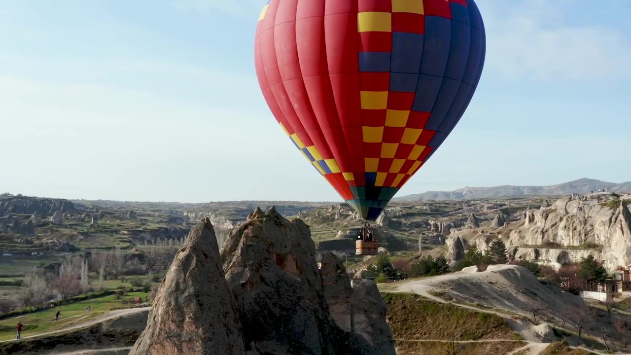 Aerial view of hot air balloon over turkish landscape, travel, turkey, istanbul, and hot air balloon