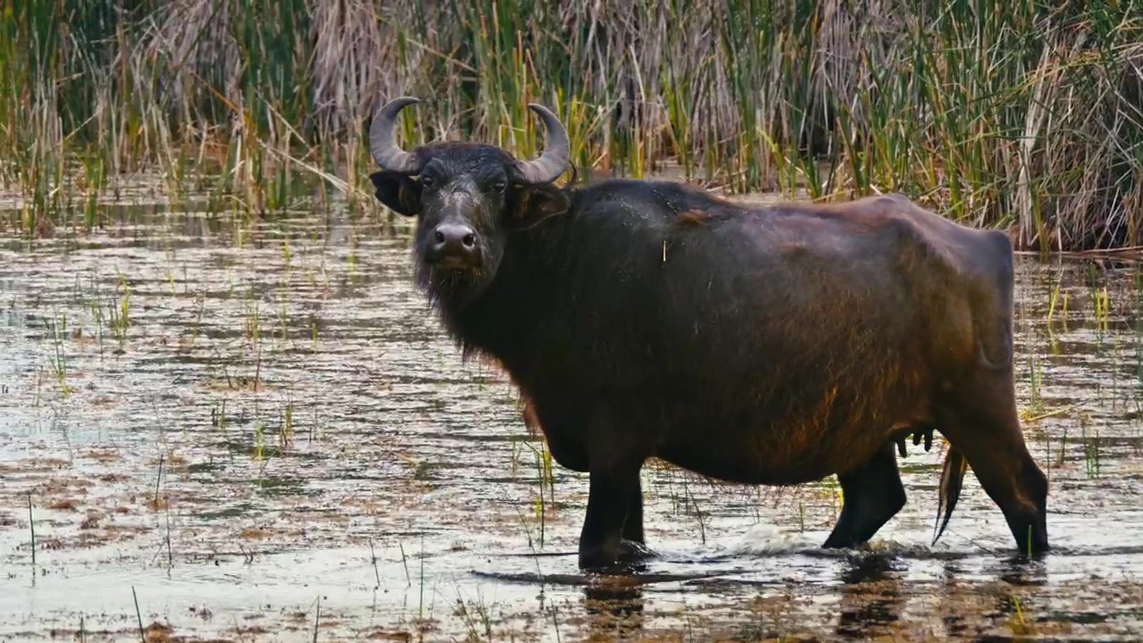 African buffalo walking through a boggy pond, animal, outdoor, wildlife, africa, african animals, and buffalo
