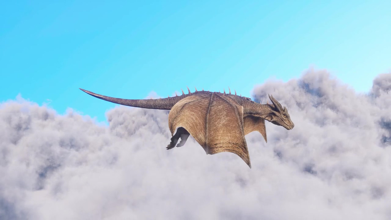 Animation of a dragon flying low over clouds, magic, fantasy, monster, and dragon