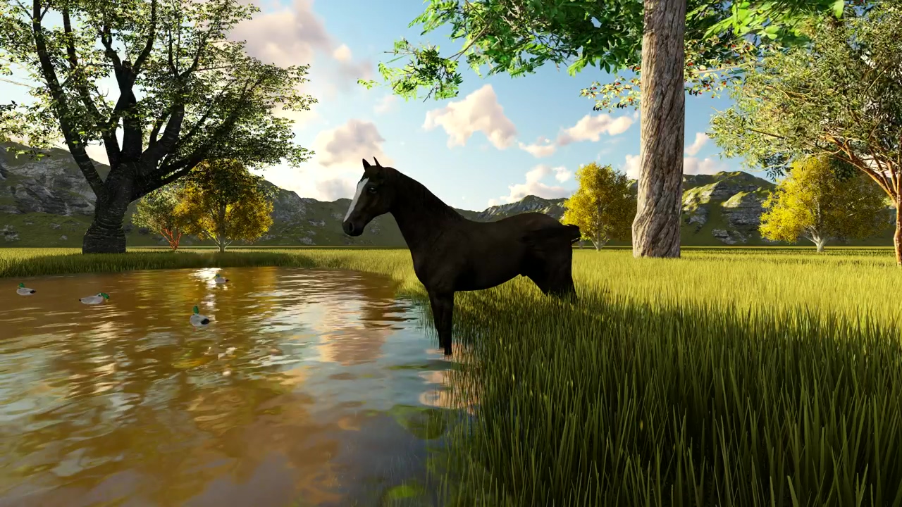 Animation of a horse drinking water from a lake, forest, 3d animation, animal, horse, and duck