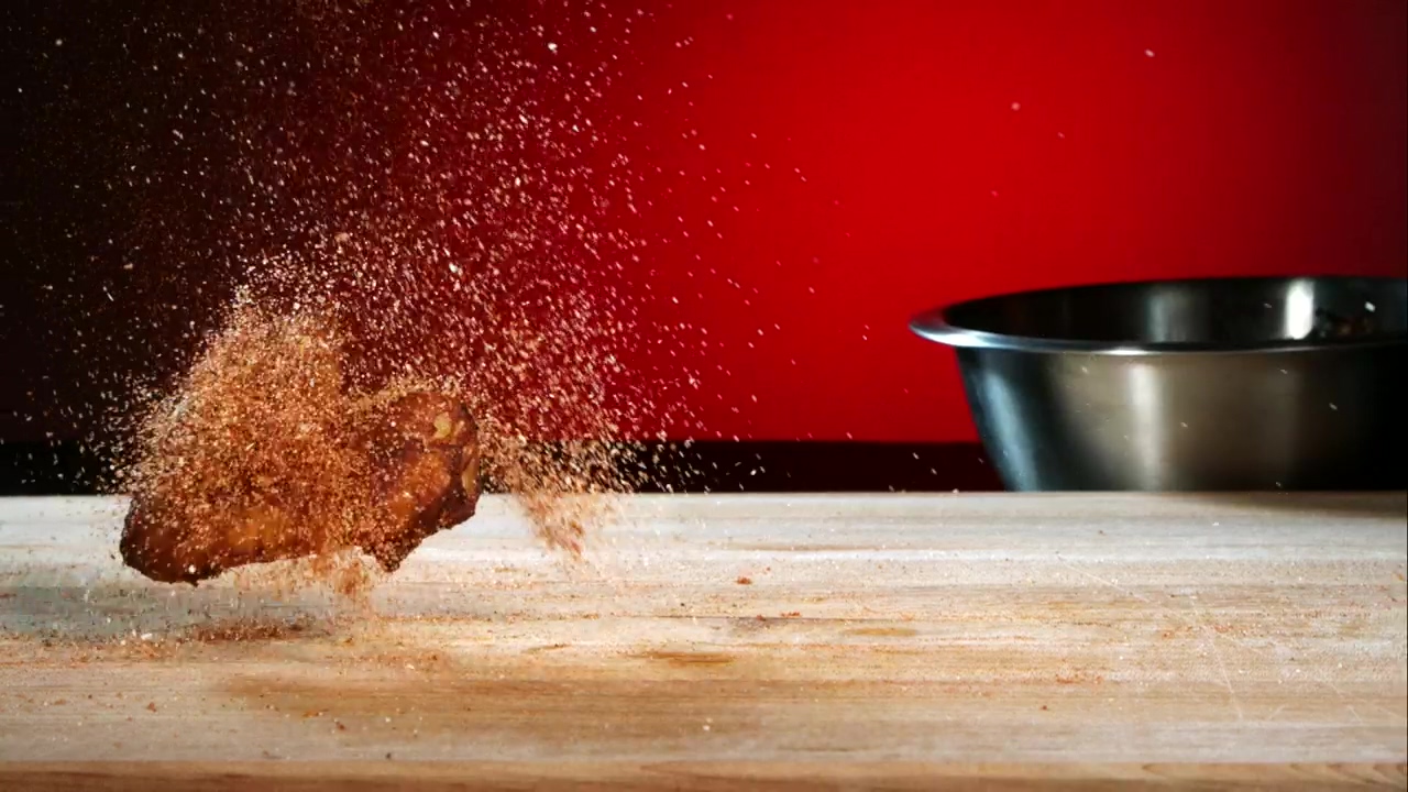 Chicken wing bouncing on a wooden board, food, food preparation, fast food, advertising, and chicken