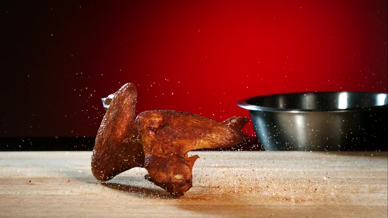 Chicken wings falling in slow motion, food, fast food, advertising, chicken, and spices