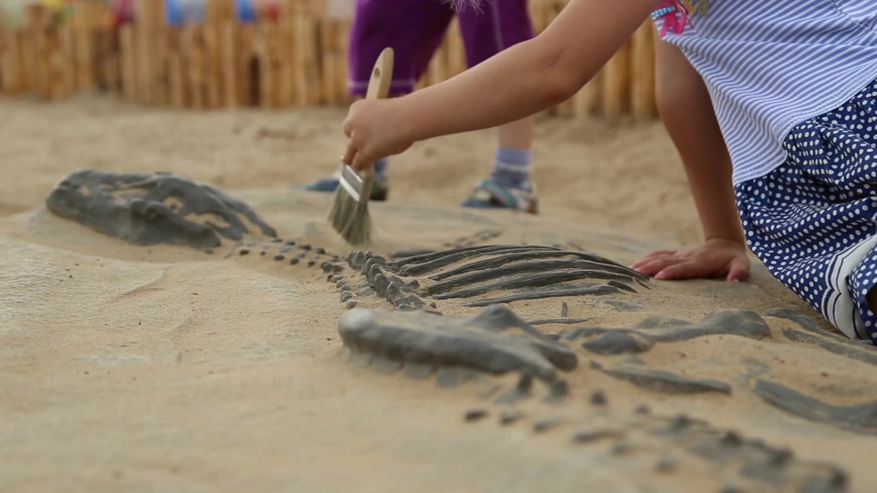 Children excavating dinosaur bones, education, brush, excavation, bones, and dinosaur