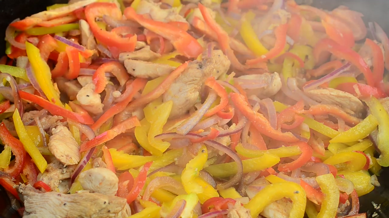 Cooking chicken and peppers, cooking, chicken, and pepper