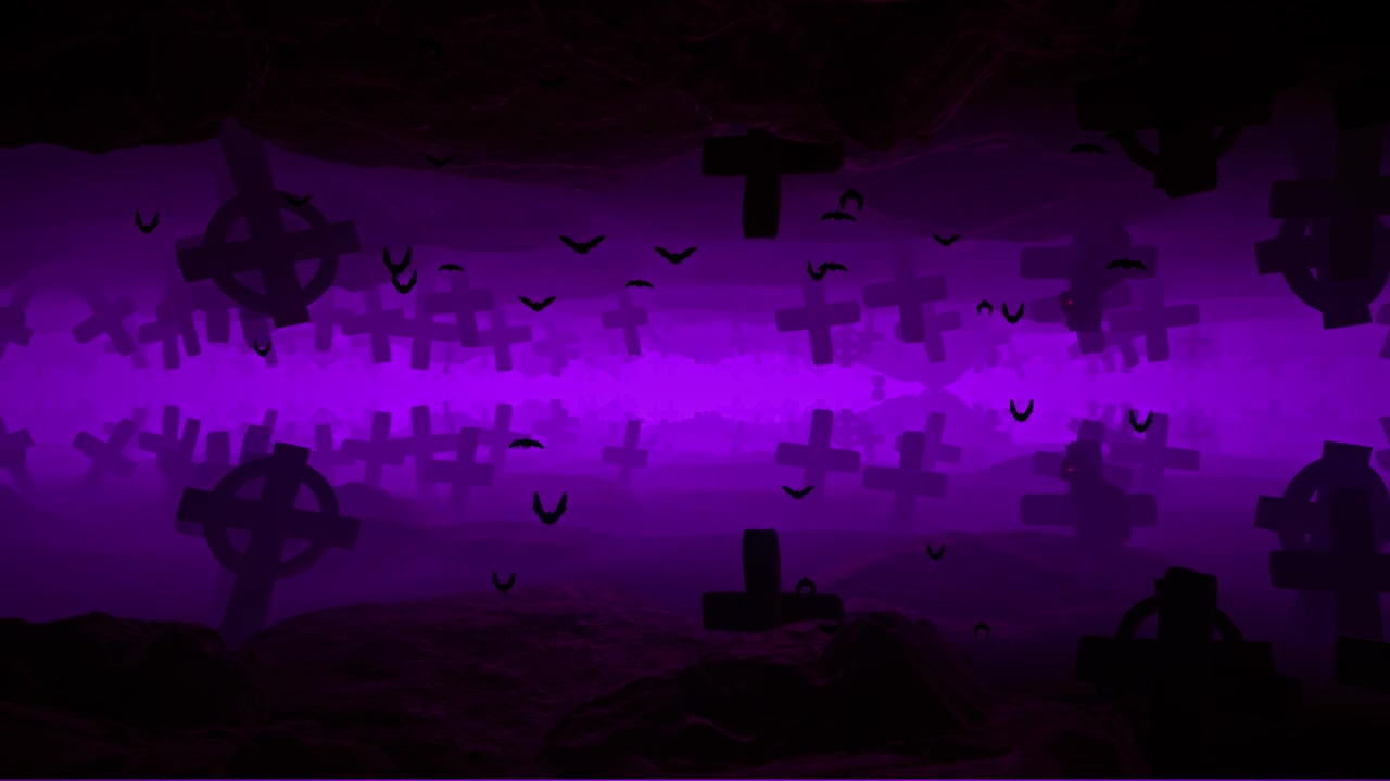Creepy walk through a 3d graveyard with bats, background, wallpapers, halloween, title, purple, cemetery, and bat