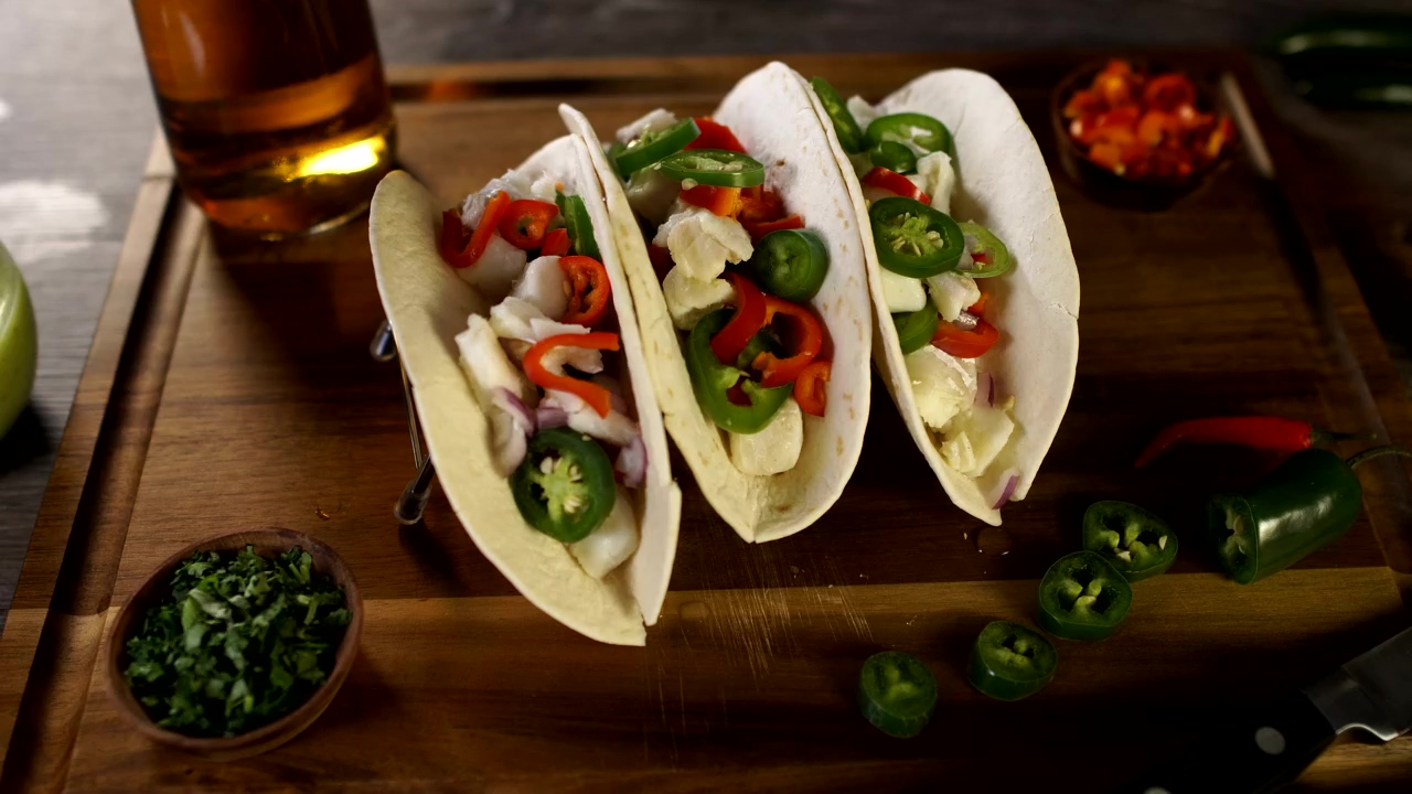 Fish tacos with beer, food, beer, and fish