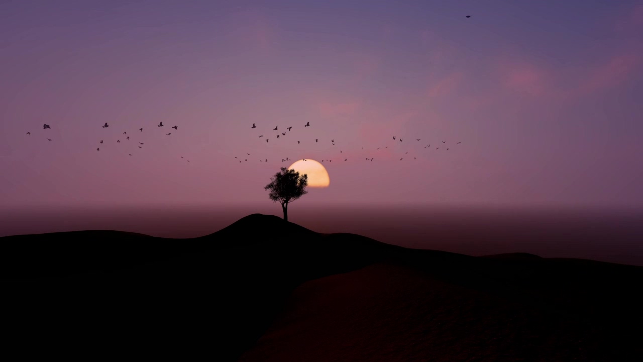 Flock flying around a tree during sunset, nature, 3d animation, sunset, silhouette, bird, and birds