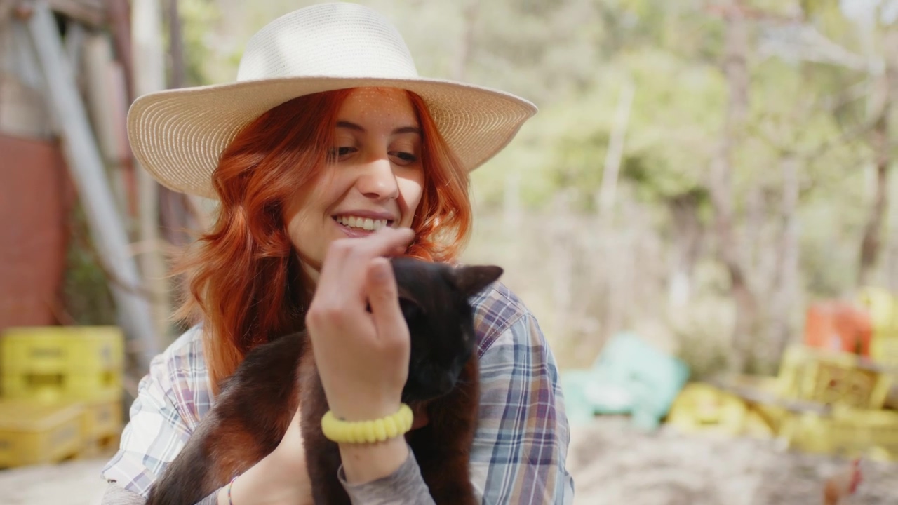 Girl caresses black cat in the field, girl, countryside, cat, black, and silly cats