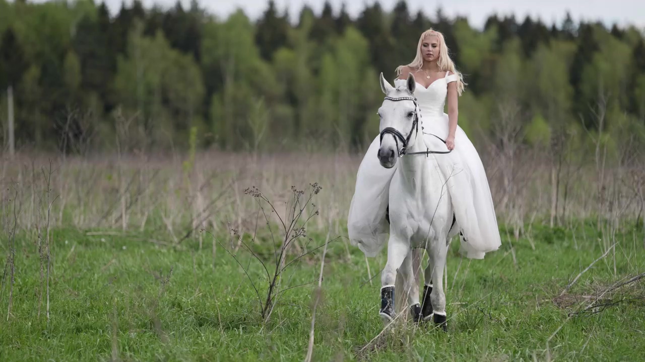 Girl in a white dress riding a white horse, nature, animal, slow motion, fashion, adventure, white, woods, horse, fantasy, and princess