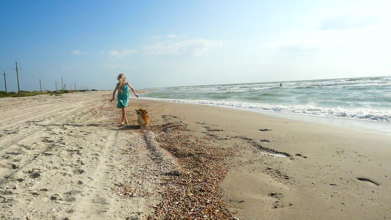 Girl running in the beach with her dog #beach #outdoor #girl #happy #sunny #dog #child #childhood #running #dog owner