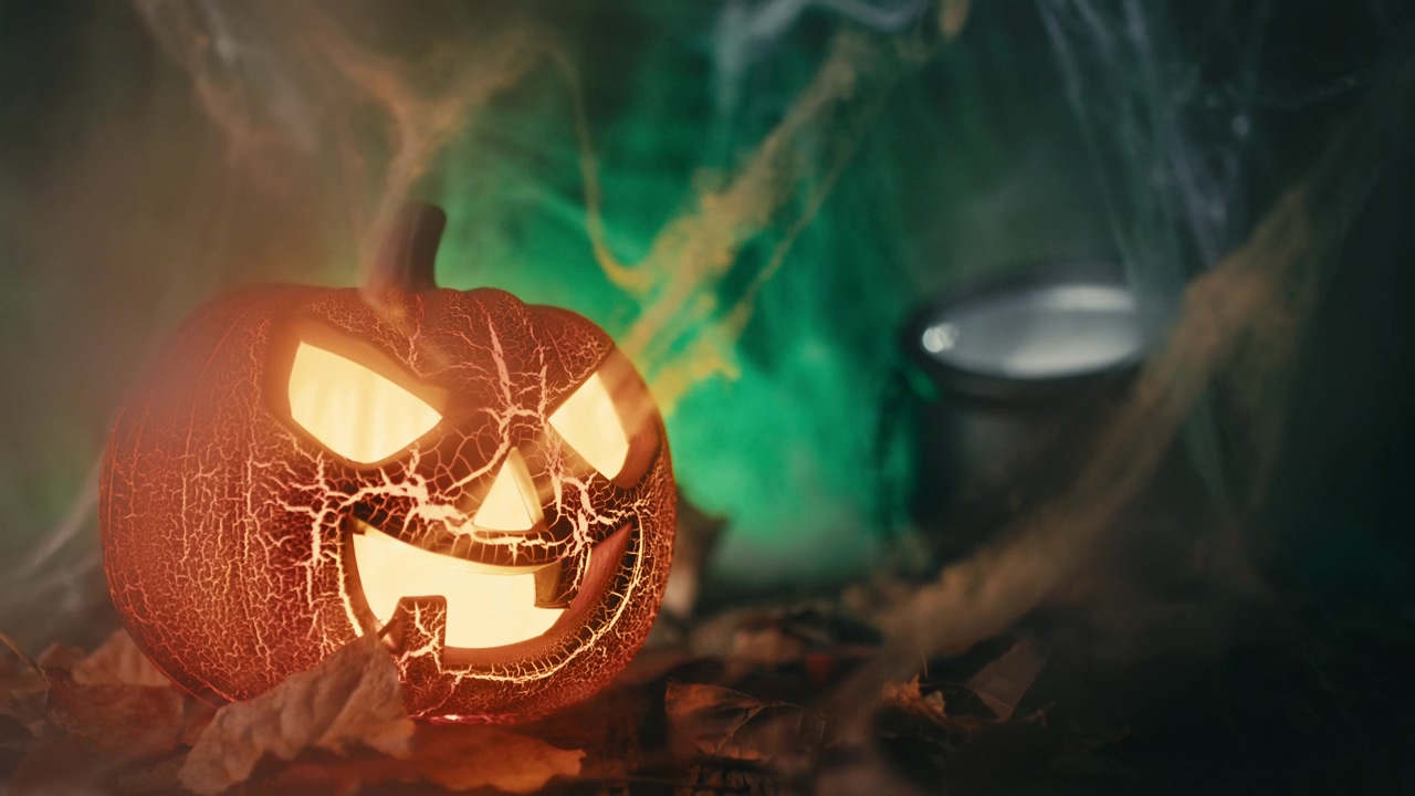Halloween pumpkin surrounded by spider webs and fog #halloween #scary #pumpkin #web #spider #trick or treat #carved pumpkin