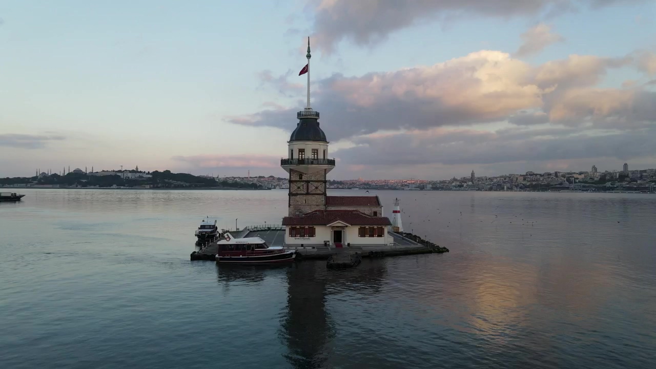 Maiden tower, aerial spinning shot, tourism, tower, turkey, and turkish flag