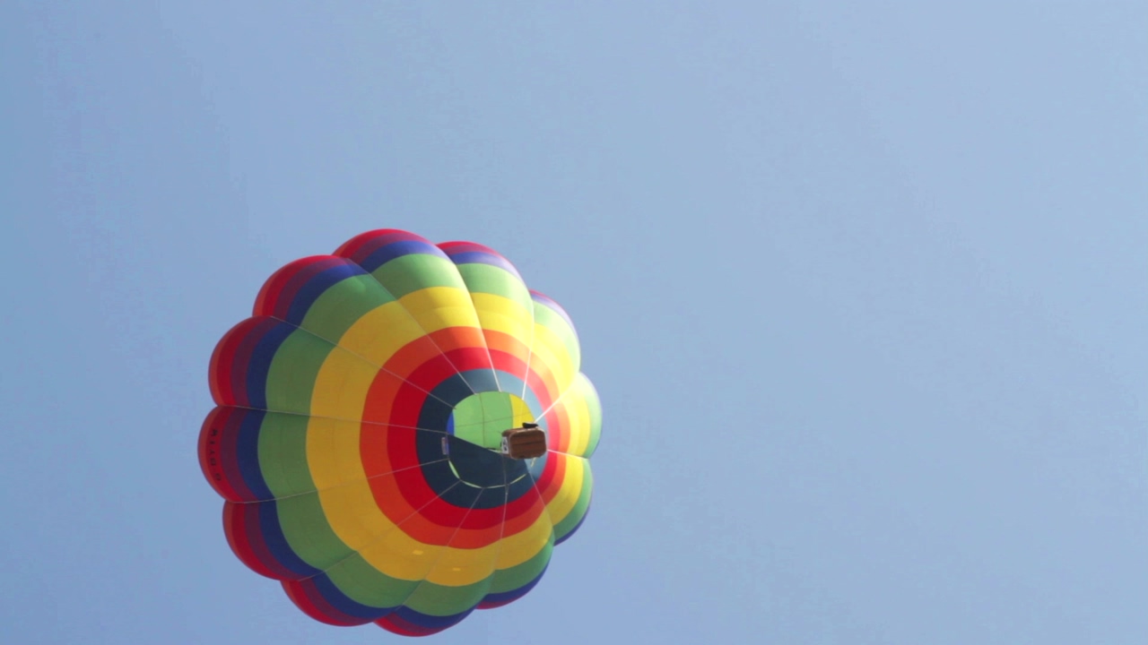 Multicolored hot air balloon is seen from below, in the background a cloudless blue sky