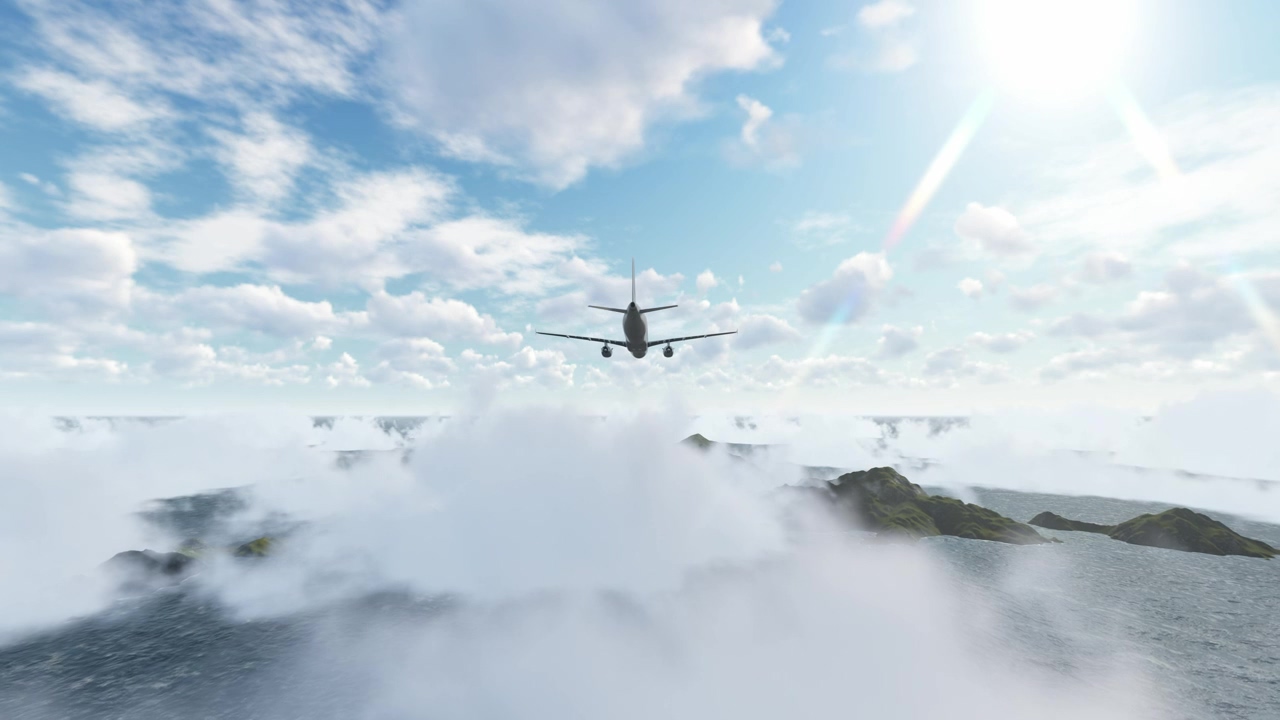 Plane flying above the camera in the sky, 3d animation, sky, cloud, airplane, fly, and aeroplane