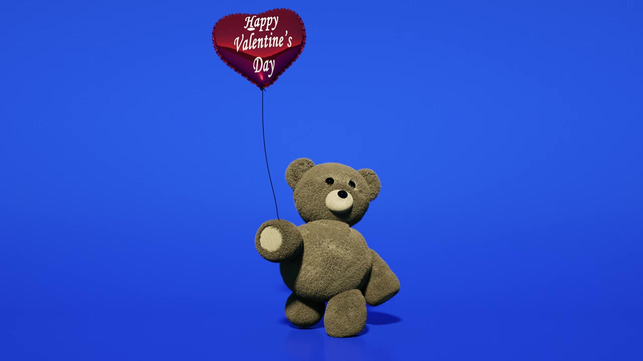 Plush teddy bear on blue background walking with a balloon, 3d animation, love, blue, valentine's day, balloon, teddy, and bear