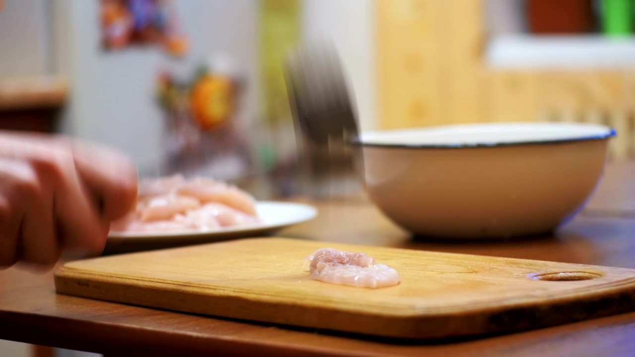 Preparing raw chicken meat with a hammer, food, food preparation, meat, and chicken