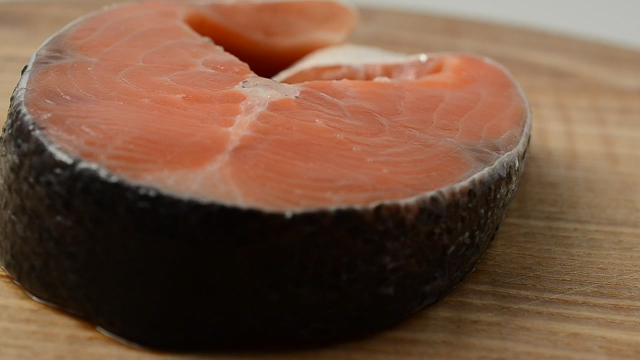 Salmon steak with skin, food preparation, cooking, and fish
