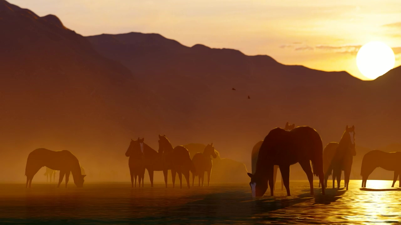 Wild horses drinking water in a lake, mountain, 3d animation, sunset, mountains, horse, and horses