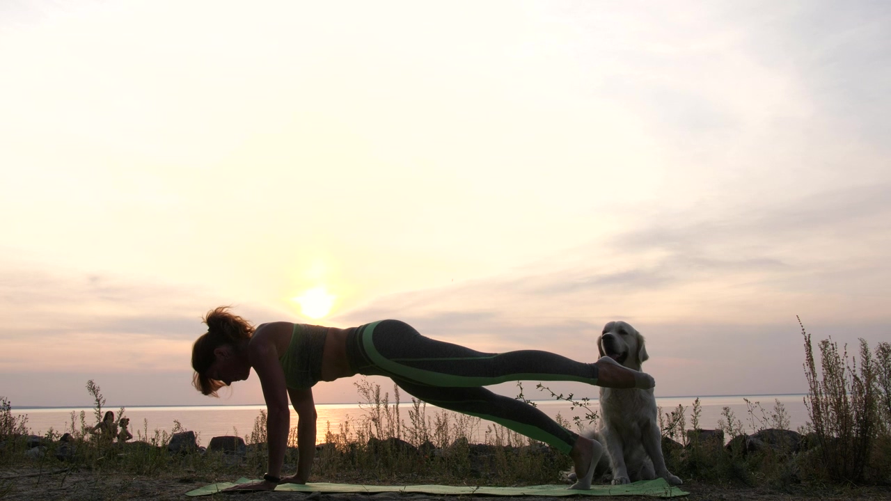 Woman exercising as the sun goes down, exercise, fitness, and dog