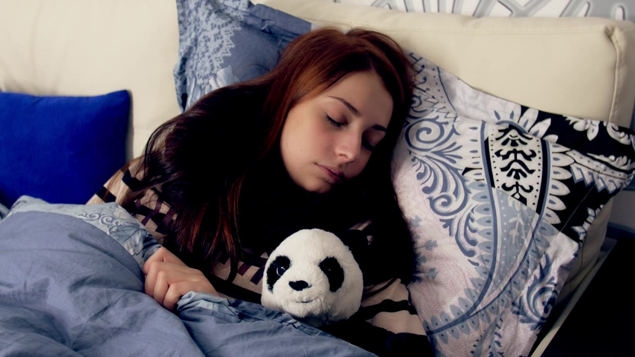 Woman sleeping with a toy panda, toy, sleep, and panda