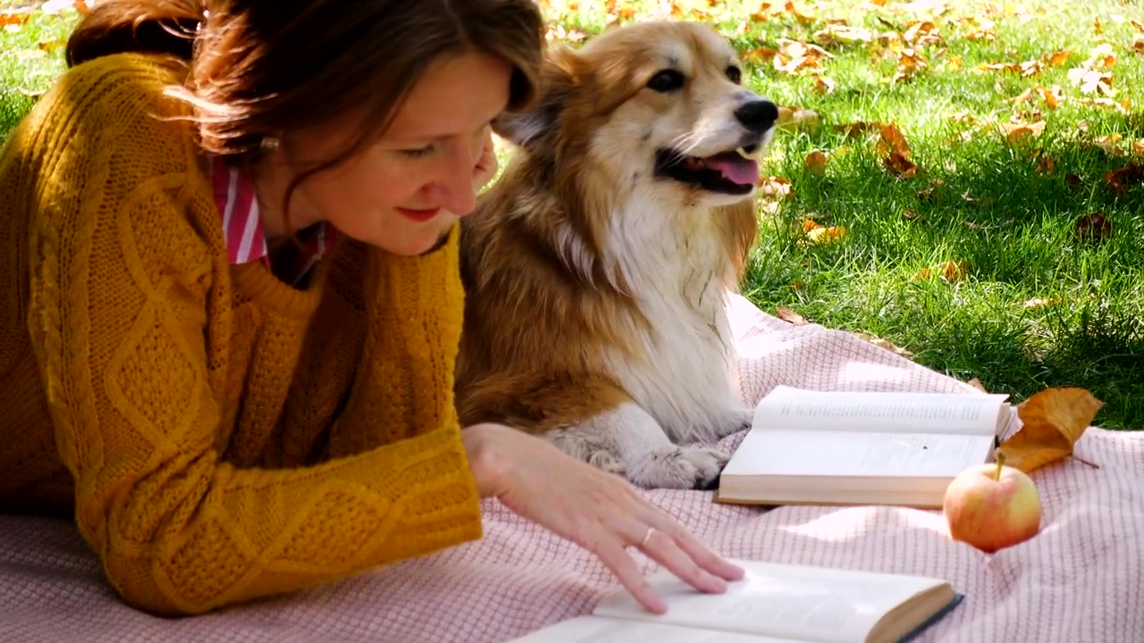 Woman with corgi dog reading in the park #woman #international womens day #park #sunny #dog #relaxing #book #reading #dog owner