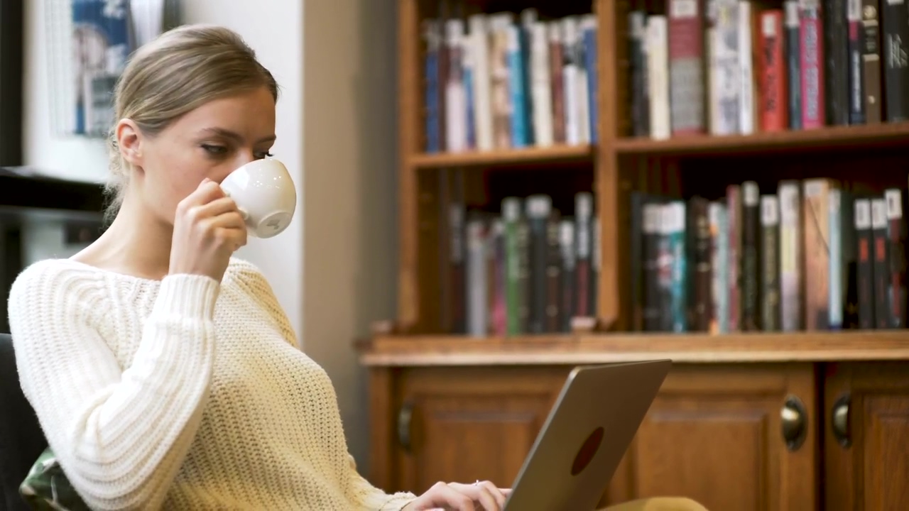 Woman working at home drinking tea, woman, international womens day, coffee, device, home life, computer, morning, home activity, working from home, indoor, morning routine, home office, and hamster