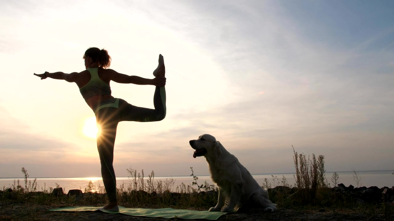 Young lady doing yoga outside with her dog, dog, yoga, motivational, and lady