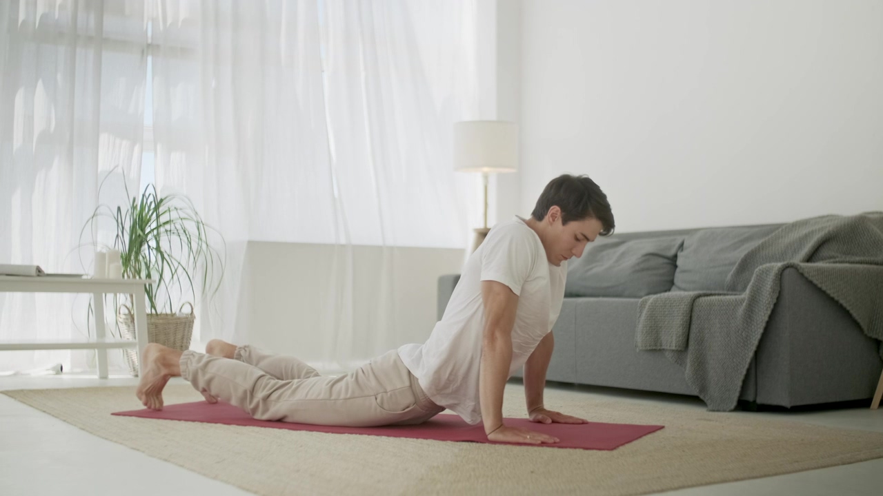 Young man doing yoga routine at home in living room, man, exercise, yoga, home activity, and hamster