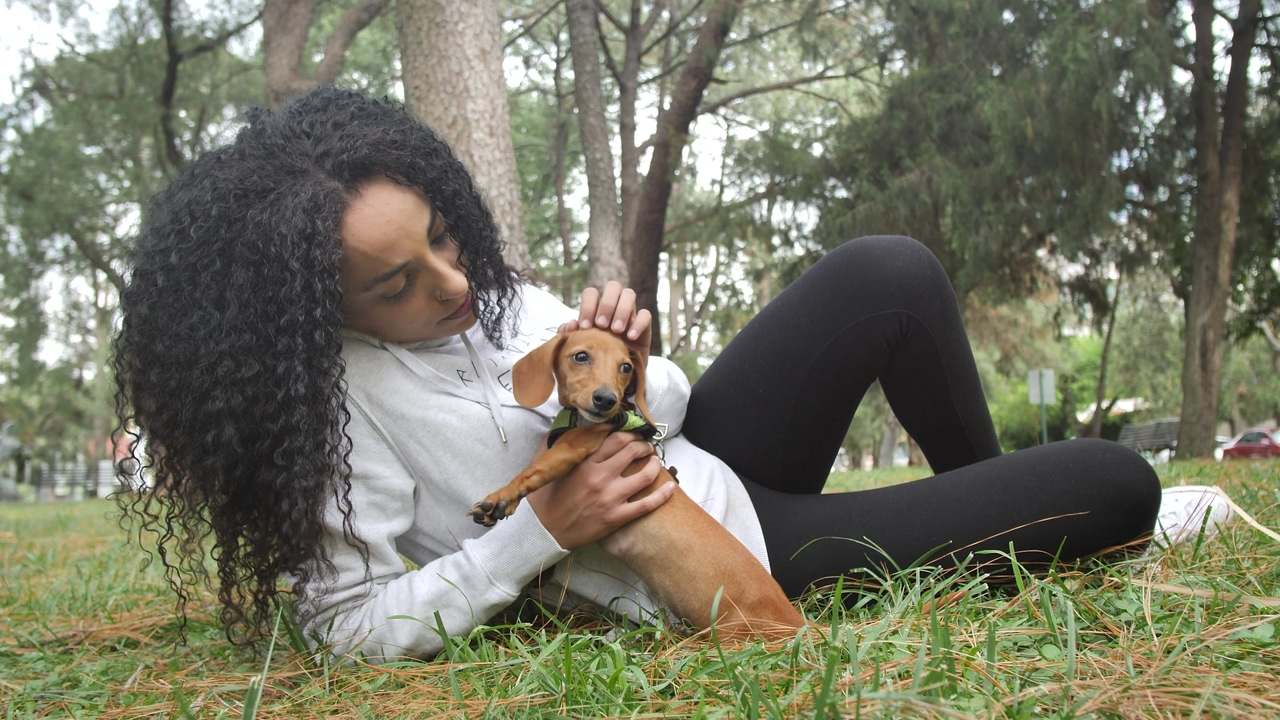 Young woman lying on the grass with her little dachshund dog, while appreciating and lovingly petting him, in a park with many trees