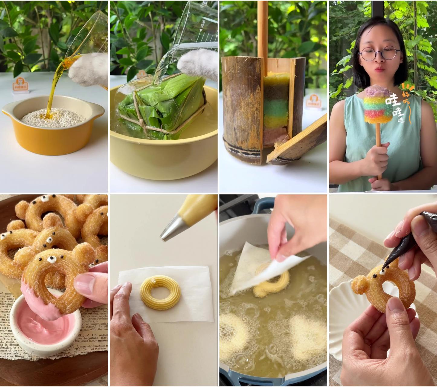 How chef cat makes rainbow bamboo zongzi, chinese food recipes; mini bear churros recipe