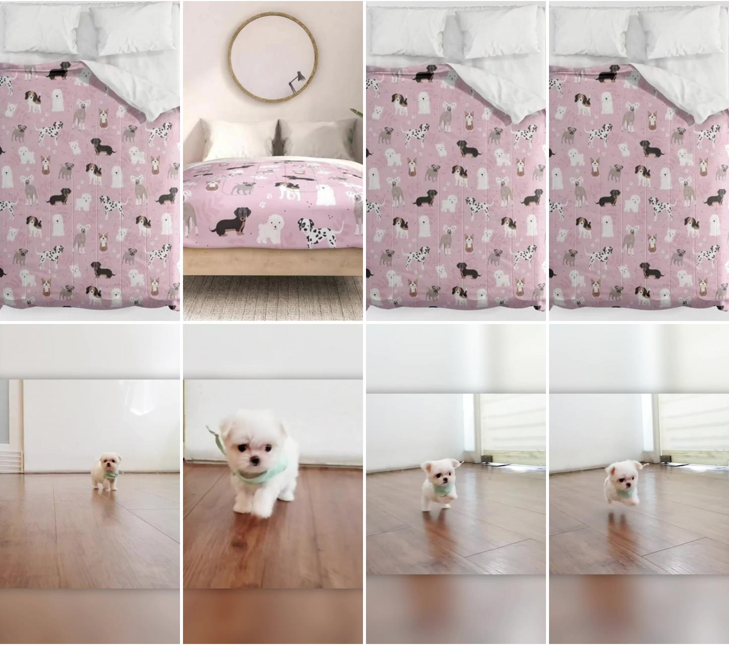 Sweet puppies on pink comforter; fluffy white puppy is having a happy happy day