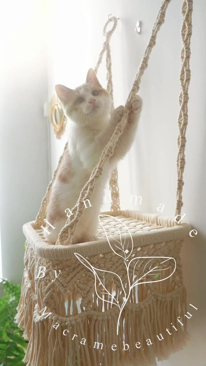 Cat bed, cat tree, cat wall furniture, macrame cat hammock, cat wall steps, cat lover gifts; macrame cat hammock 2 tier hanging cat bed cat tree cat swing woven cat cave, cat lover gifts