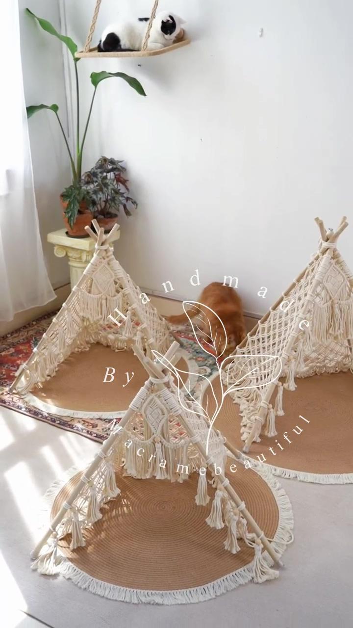 Cat tent bed, macrame pet teepee with mat, dog tent, pet tent, boho cat bed, wooden pet house; happy birthday kitty