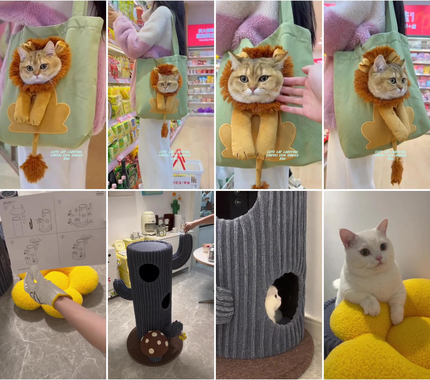 Cute cat carrying canvas lion shaped bag; meow cat tree, flower and mushroom