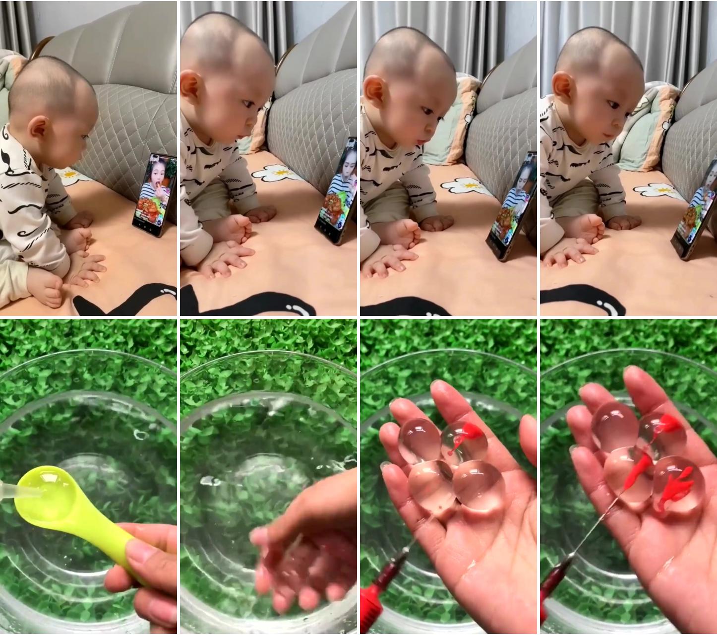 Funny  kids funny baby feeling hungry for watching; gel beads and worms, activity for kids