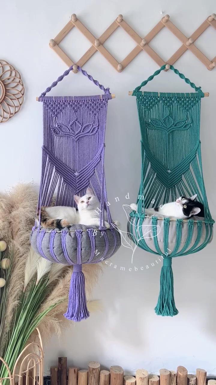 Macrame cat hammock, cat tree, hanging cat bed, pet wall furniture, boho cat swing, cat lover gifts; cat recliner sofa bed sunbathing chair