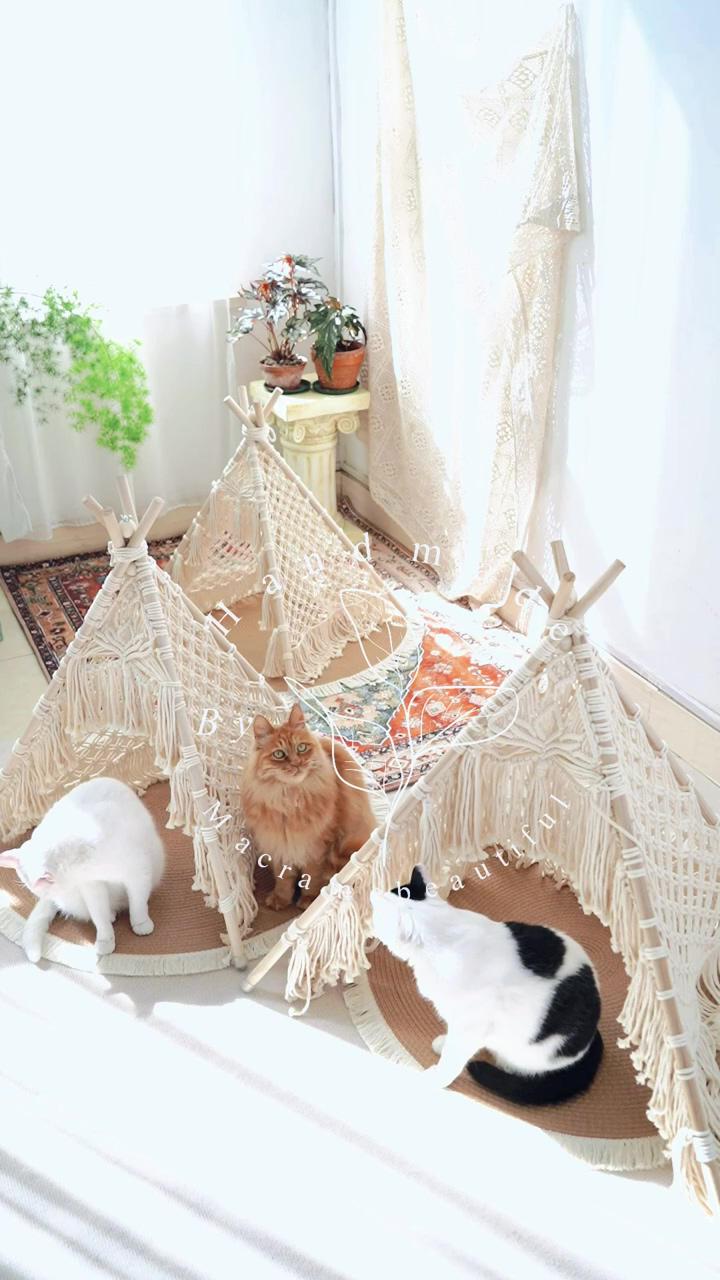 Macrame pet teepee handmade cat tent, wooden dog house, boho cat bed, macrame pet furniture; homemade cat toys