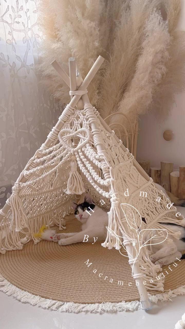 Boho cat bed, macrame cat dog tent, handmade cat cave, wooden dog house indoor, pet teepee with mat; macrame pet teepee with mat, handmade cat tent, wooden dog house, boho cat bed, rabbit house